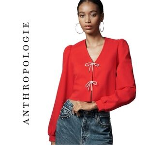 Anthropologie Dolan Left Coast Bow Front Cardigan Top Rhinestone Silver Red Puff